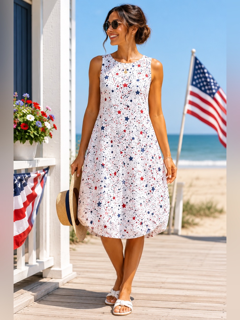 Star Print Midi Dress XL Sleeveless Cotton Casual Memorial Day Outfit